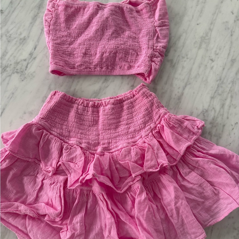 Strapless Pink Ruffle Skirt Set - Twist Crop Top & Tiered Mini Skirt - Picture 4 of 6
